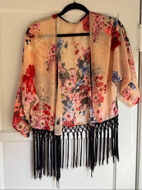 Sis Sis Floral Fringe Kimono Jacket in Peach and Black with Fringe